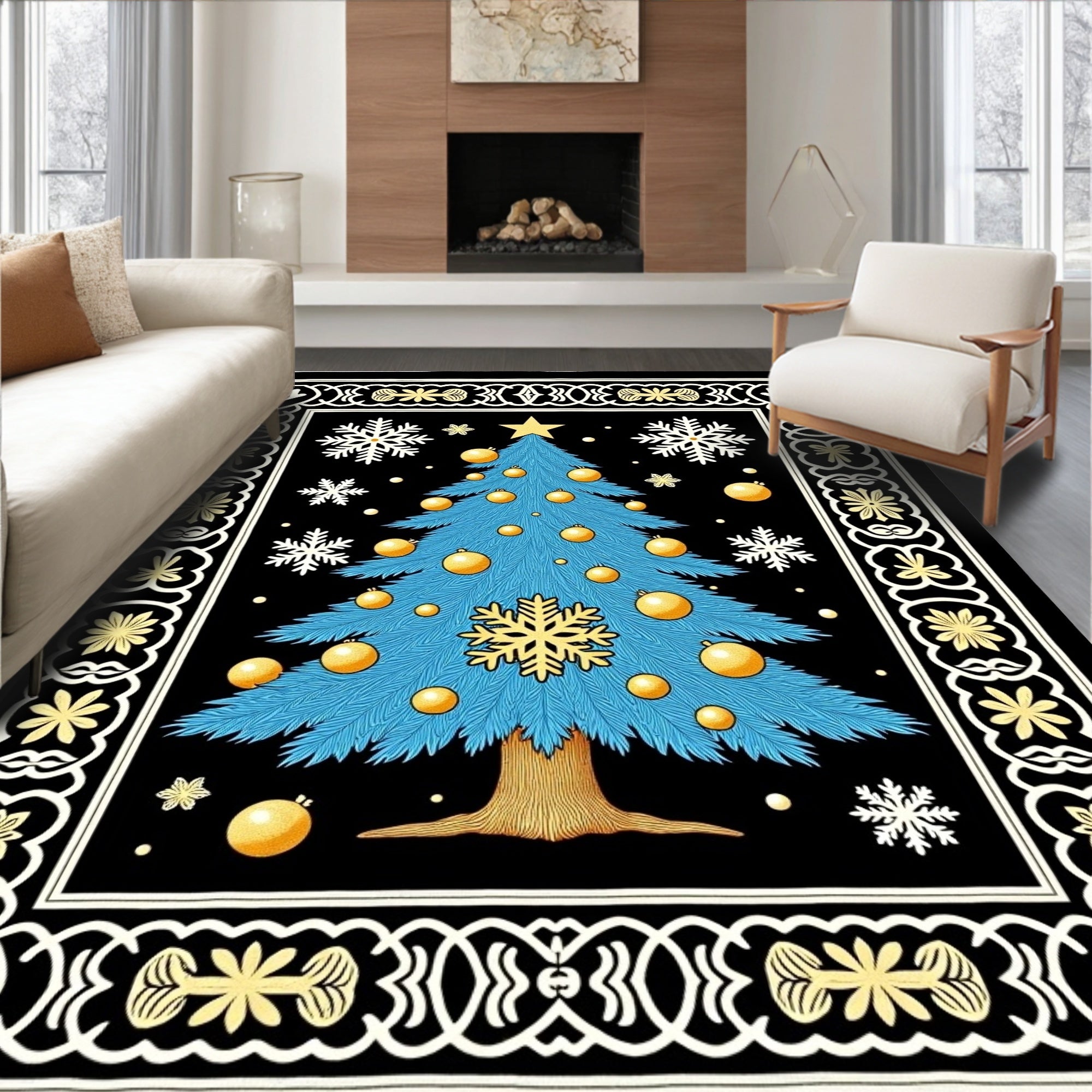 Festive Blue Christmas Tree Black Rug