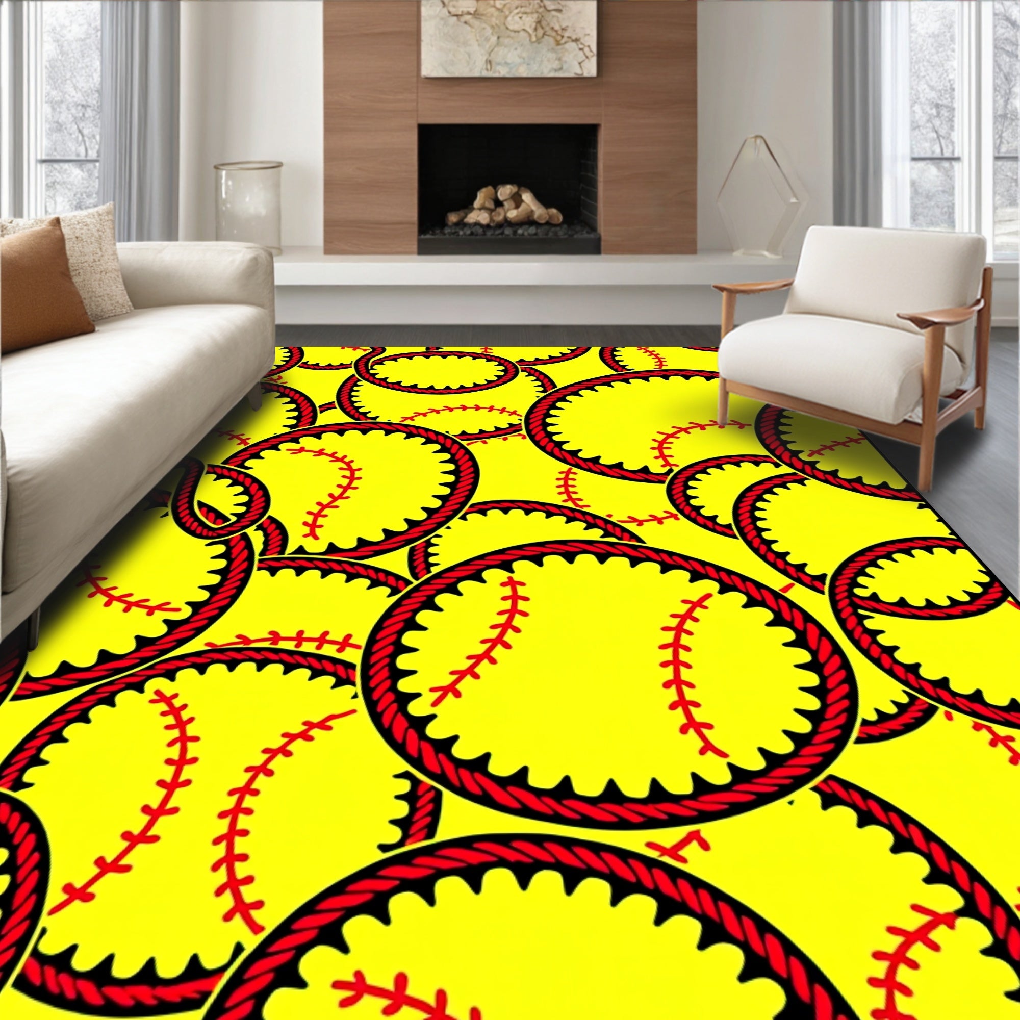 Yellow Softball Ball Sport Collection Rug