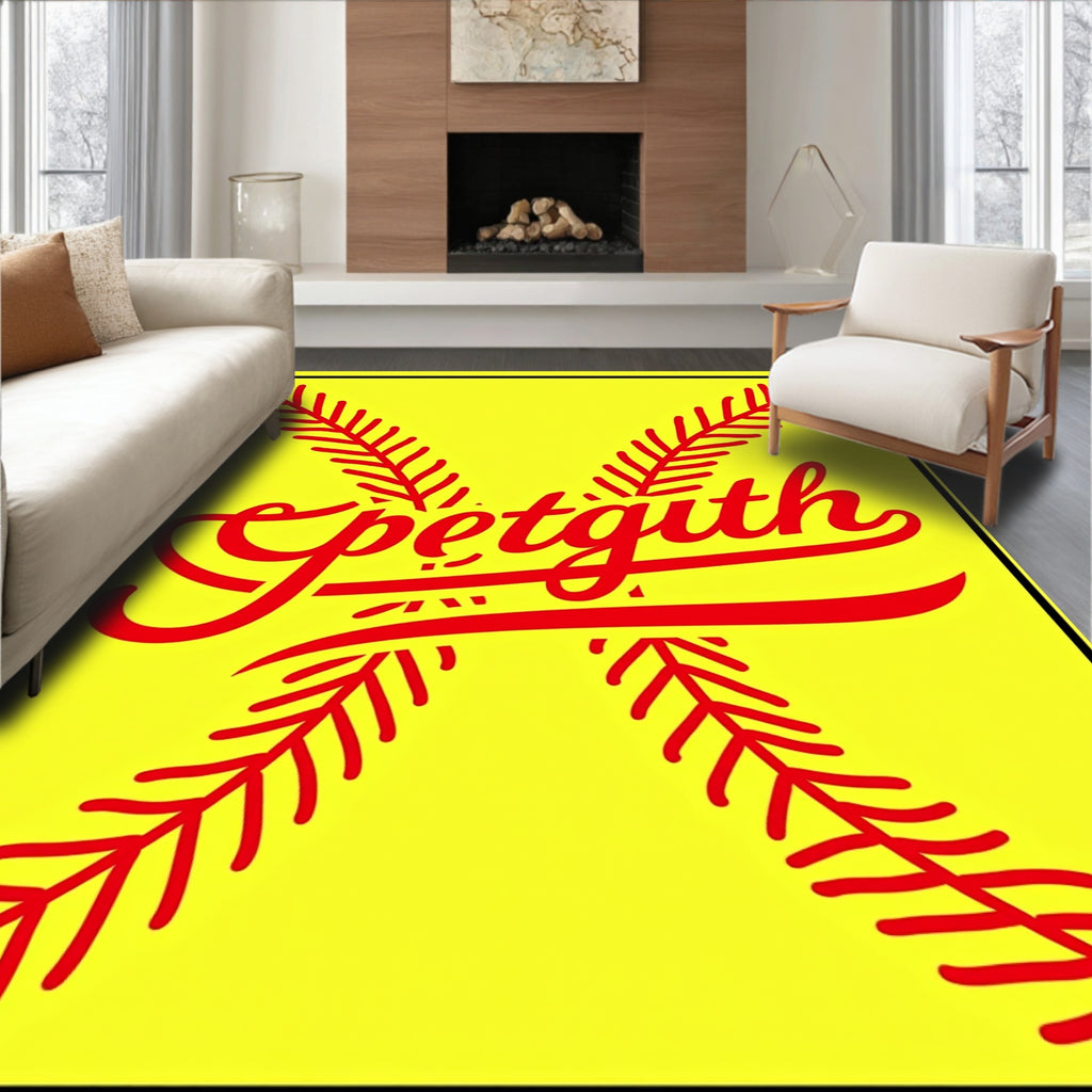 Red Softball Stitch Script Graphic Rug