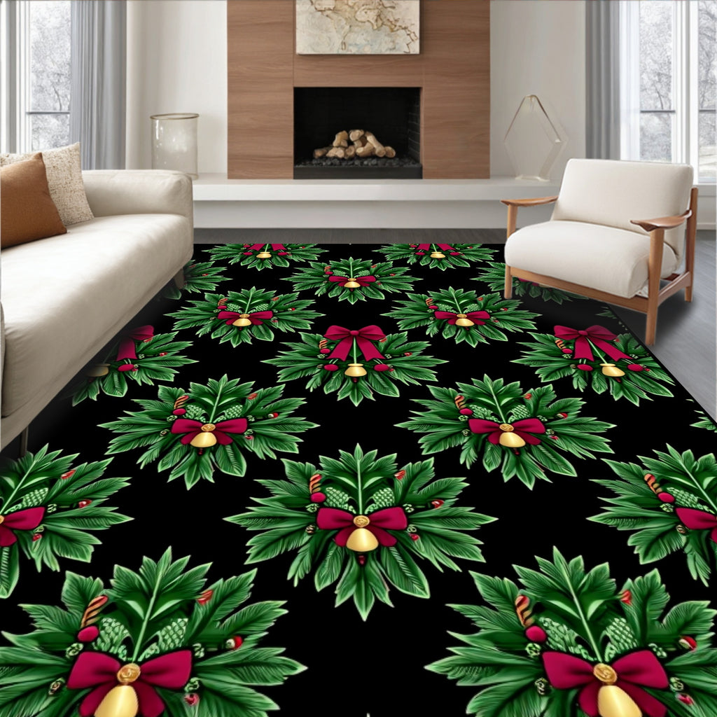 Festive Green Wreath Red Bow Bell Rug