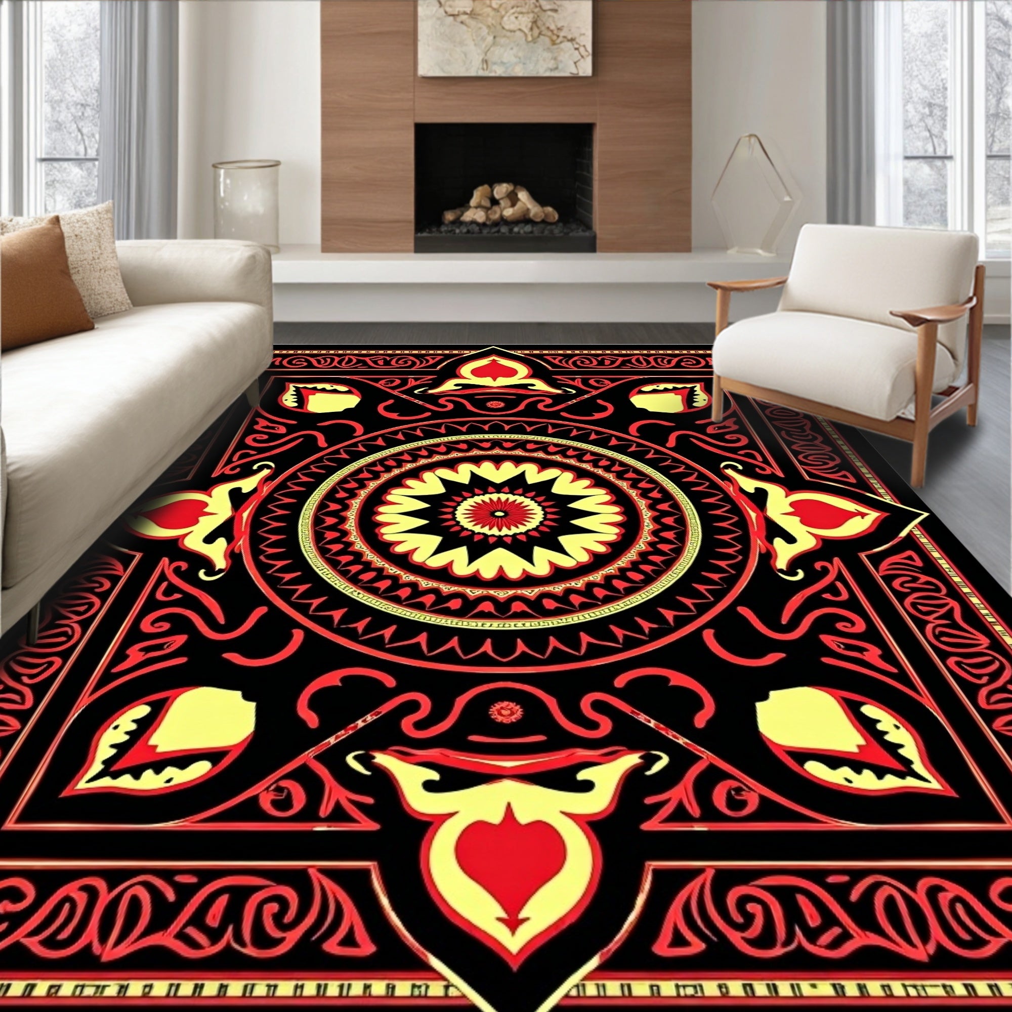 Bold Red and Yellow Medallion Sunburst Rug