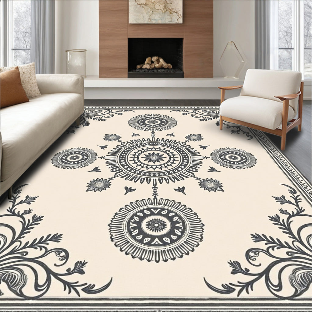 Cream and Charcoal Floral Mandala Arrangement Rug