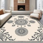 Cream and Charcoal Floral Mandala Arrangement Rug