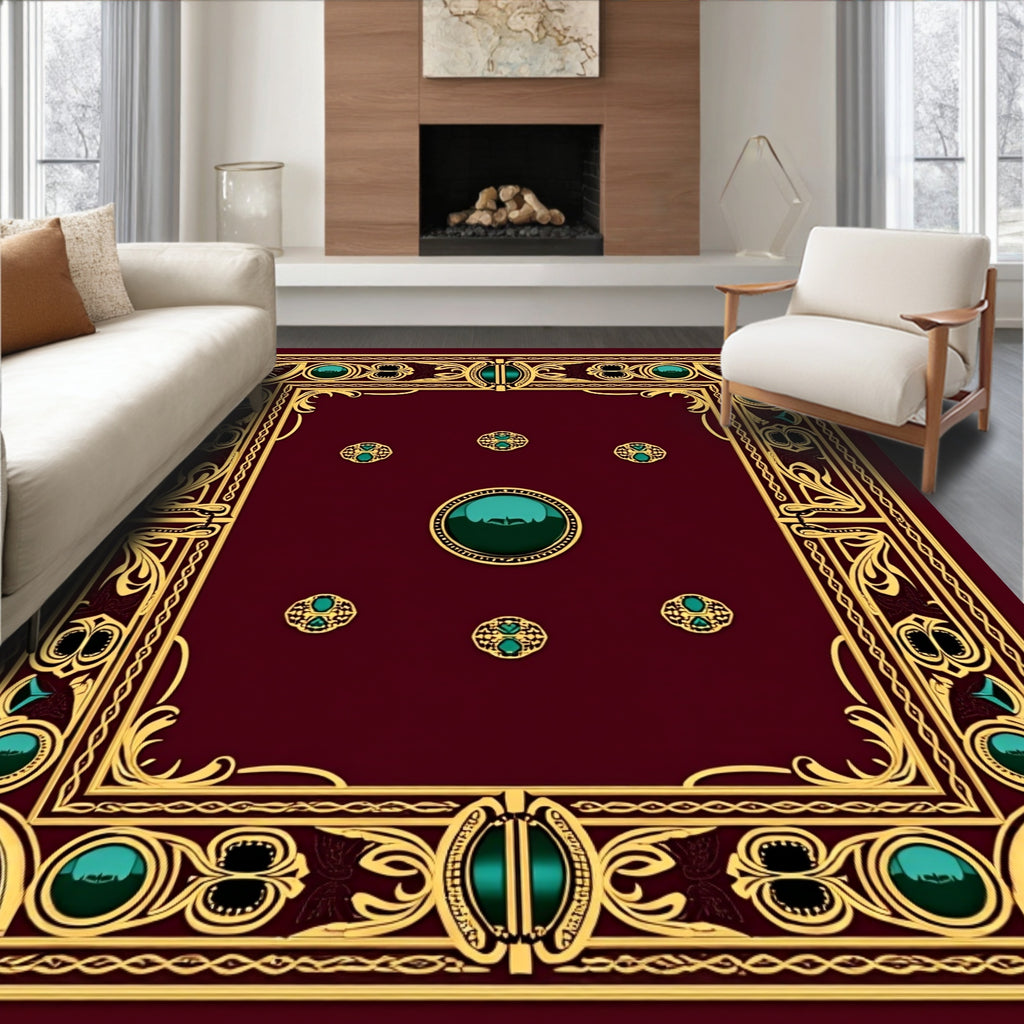 Ornate Teal and Gold Jewel Medallion Rug