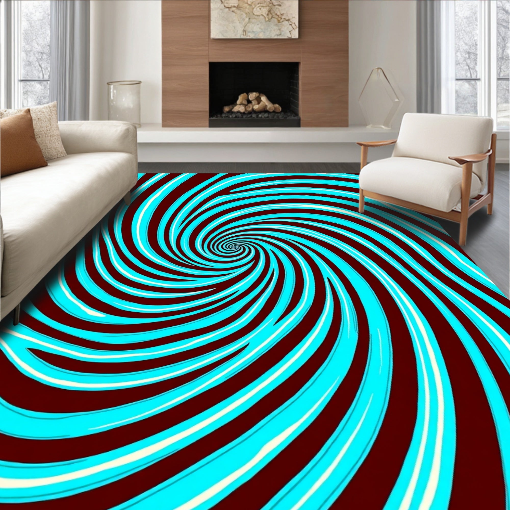 Turquoise White Swirl Spiral Abstract Rug