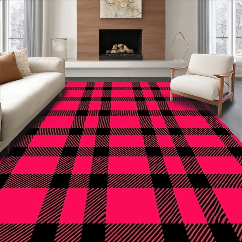 Vivid Pink Black Plaid Check Rug
