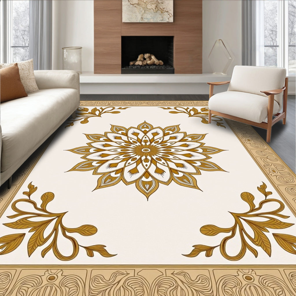 Gold Floral Medallion Cream Border Rug