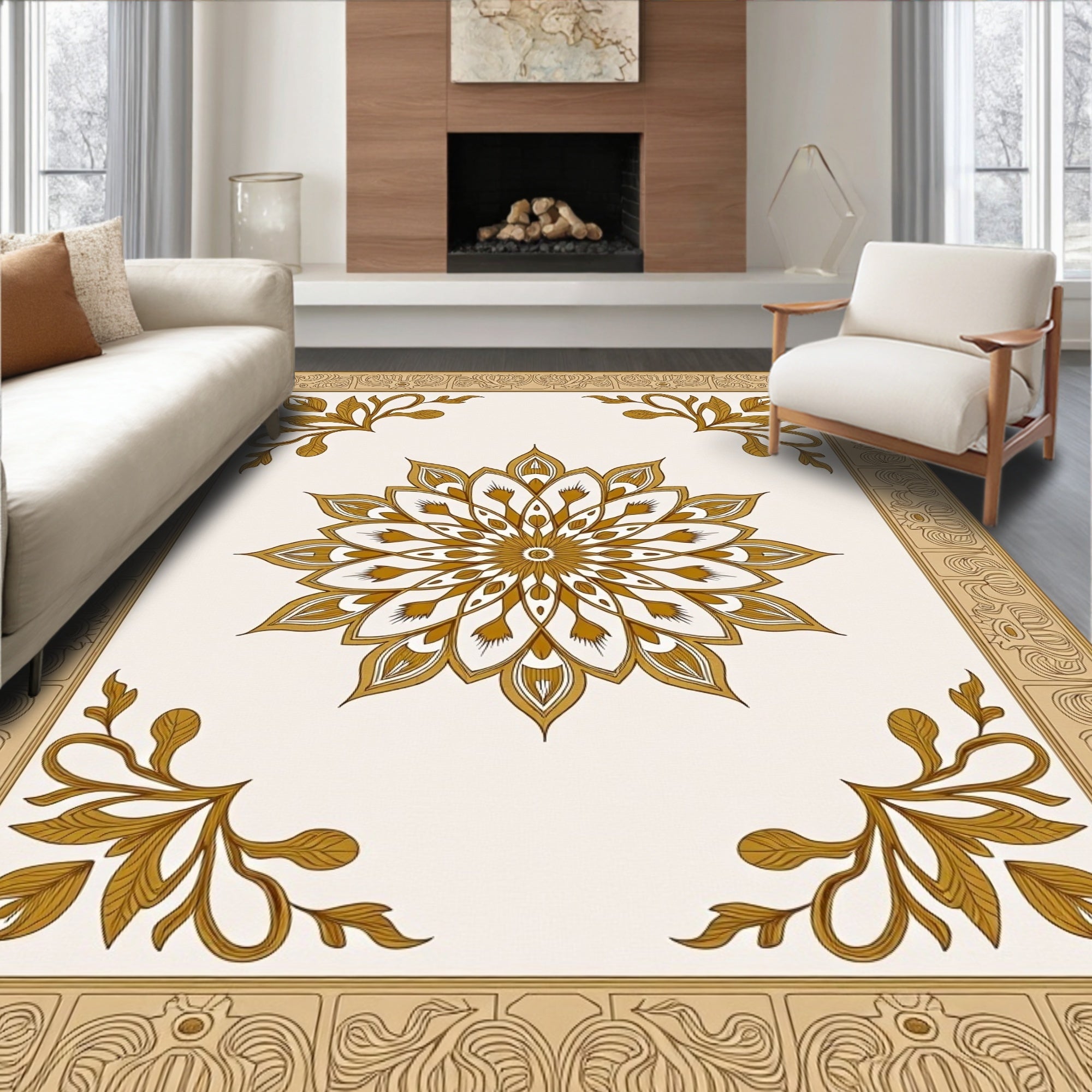Gold Floral Medallion Cream Border Rug