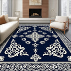 Navy Cream Intricate Scroll Medallion Rug