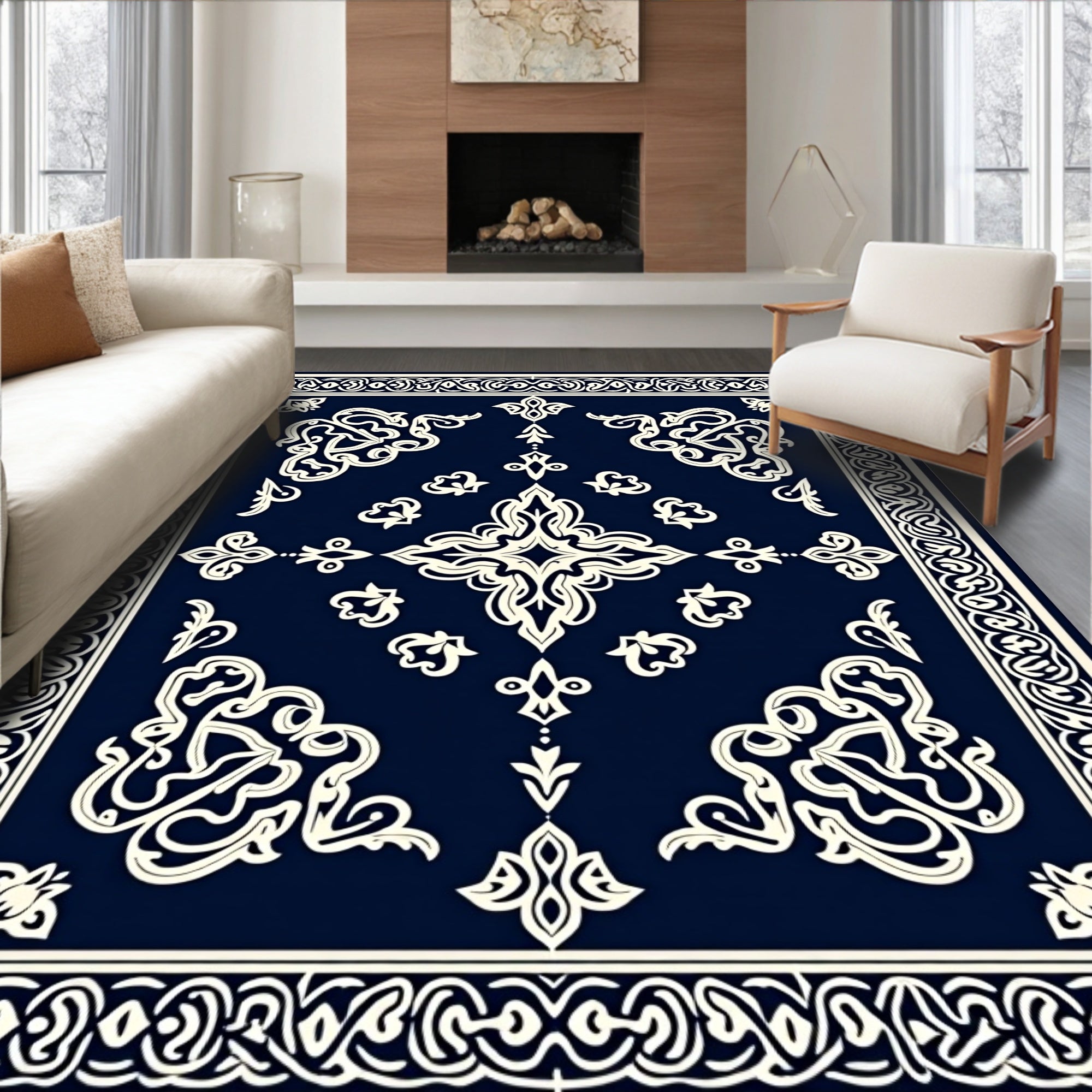 Navy Cream Intricate Scroll Medallion Rug