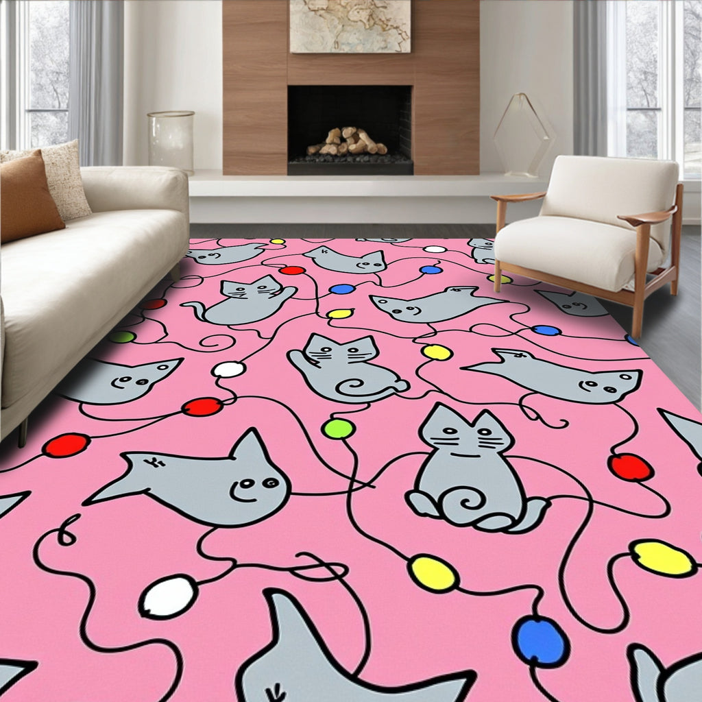 Pink Gray Cat Festive String Lights Rug