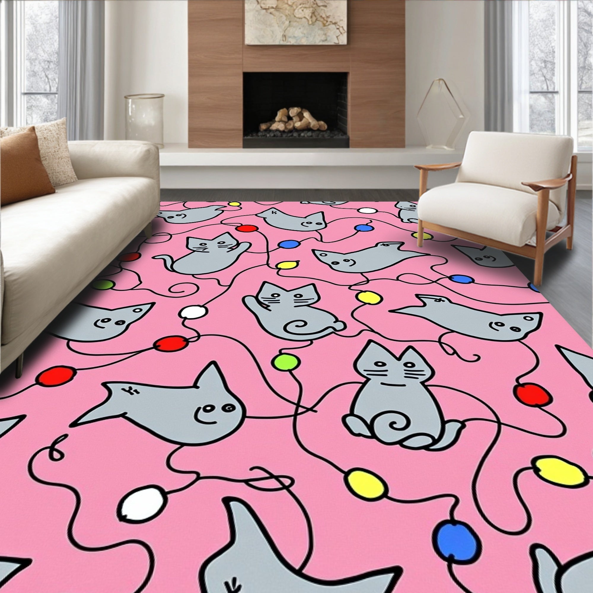 Pink Gray Cat Festive String Lights Rug