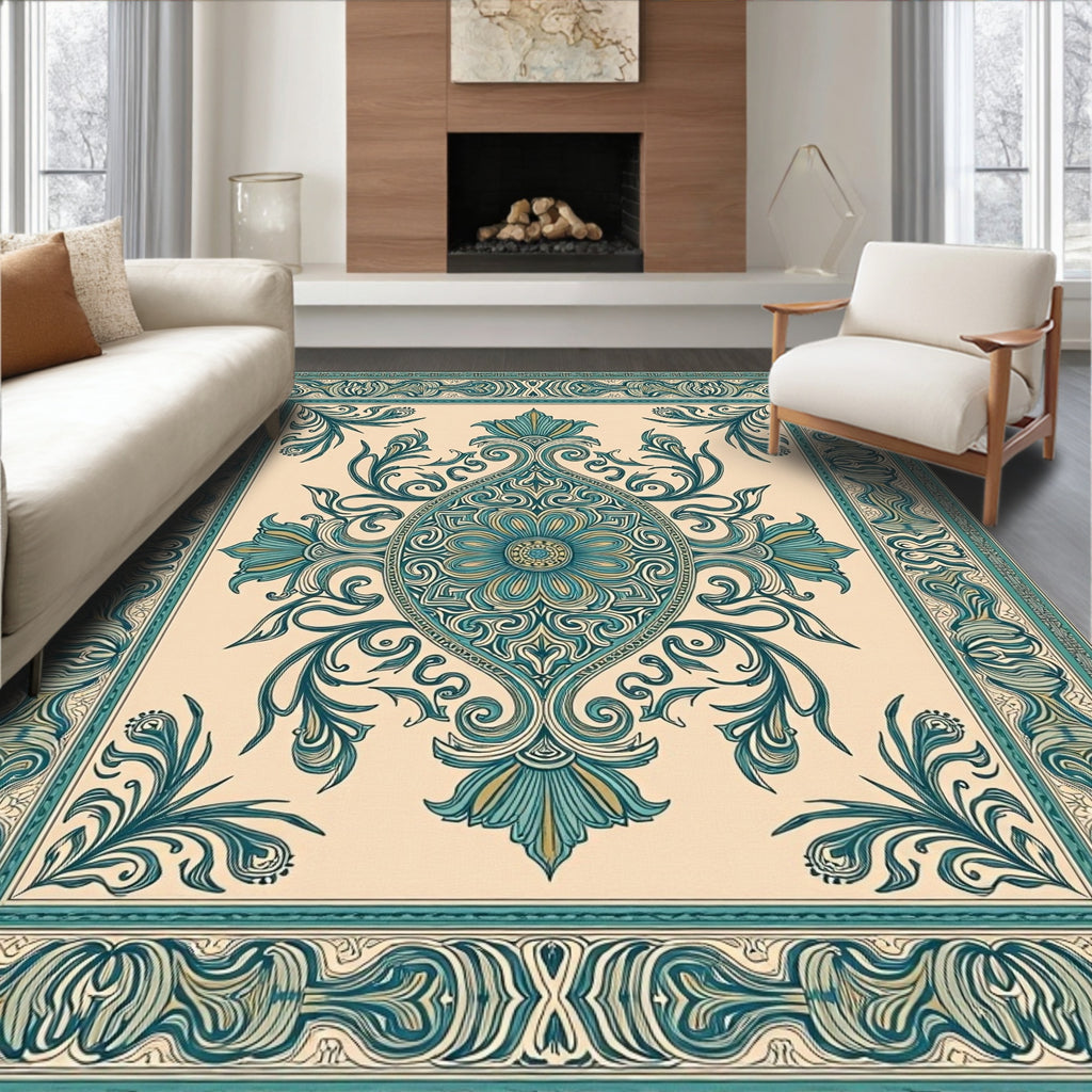 Teal Cream Opulent Floral Scroll Rug
