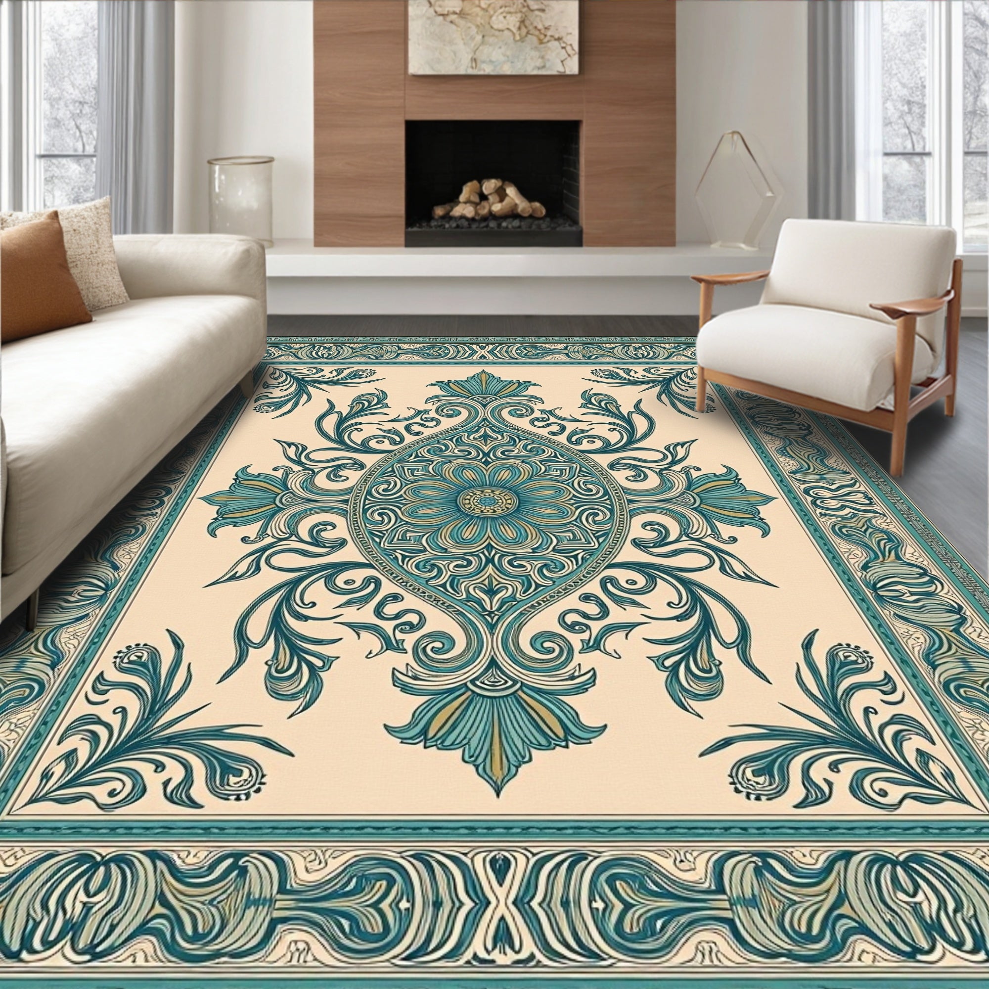 Teal Cream Opulent Floral Scroll Rug