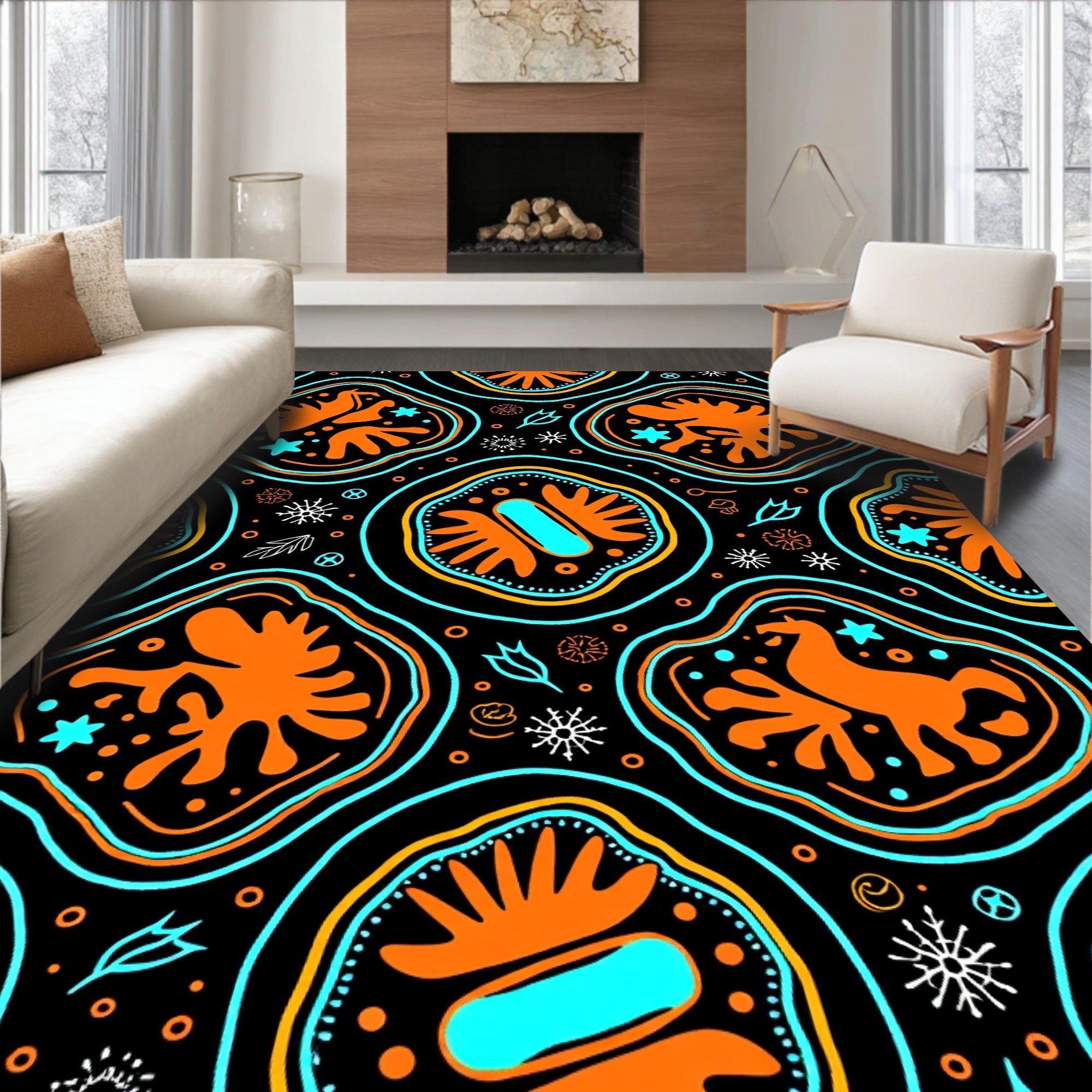 Bold Orange Folk Mythological Animals Rug