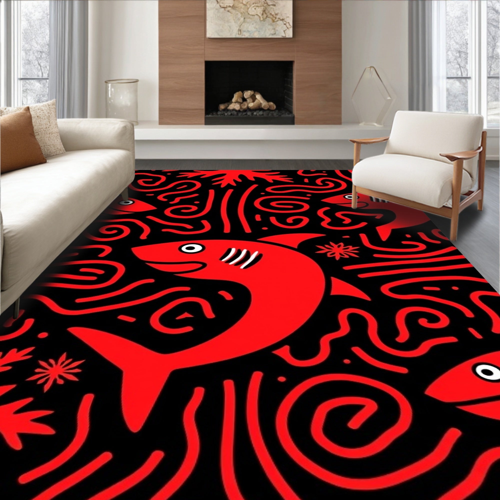 Red Shark Swirls Marine Life Rug