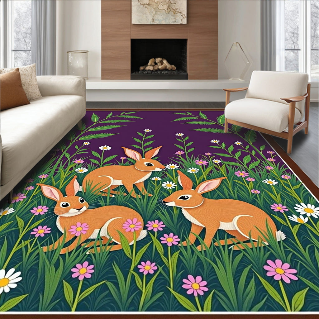 Orange Rabbits Among Wildflowers And Foliage Rug