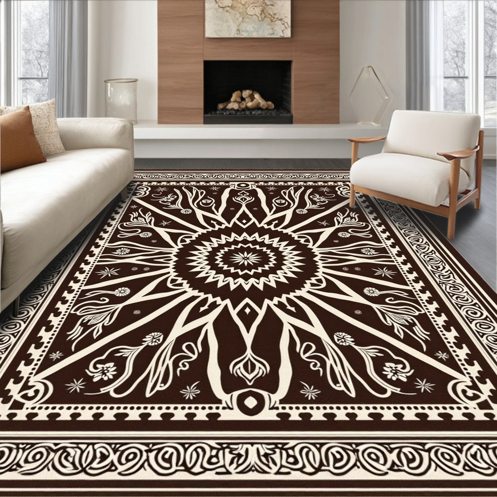 Dark Brown White Floral Sunburst Mandala Rug
