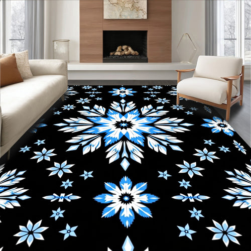 Black Blue White Floral Medallion Rug