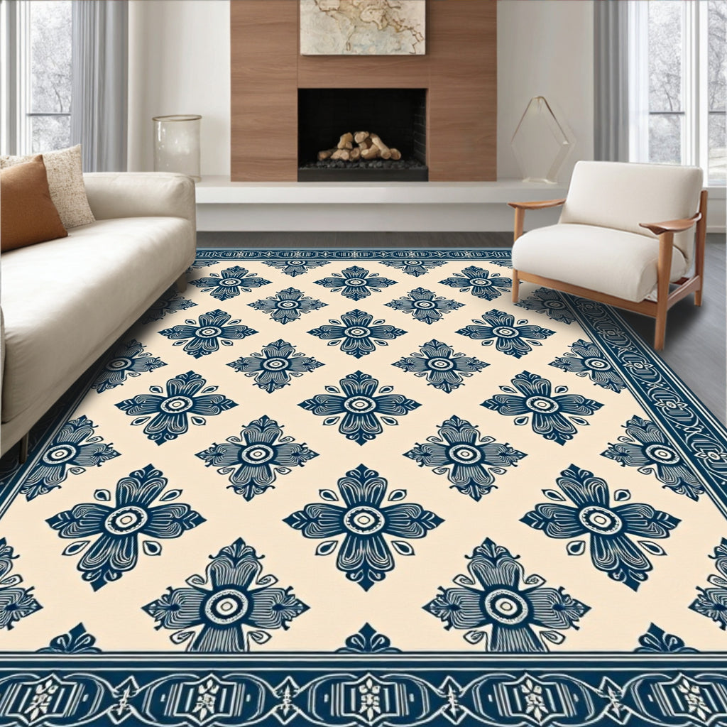 Navy Blue Floral Lattice Rug