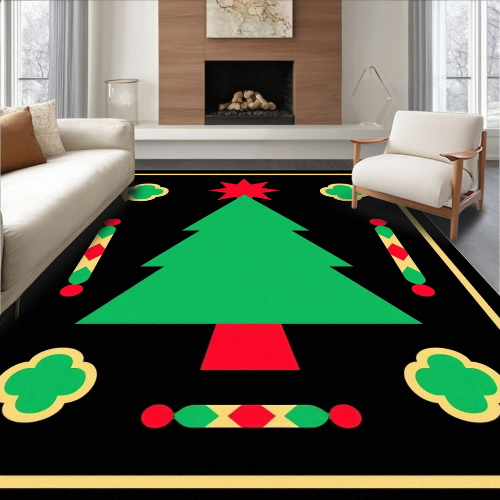 Festive Green Christmas Tree Black Border Rug