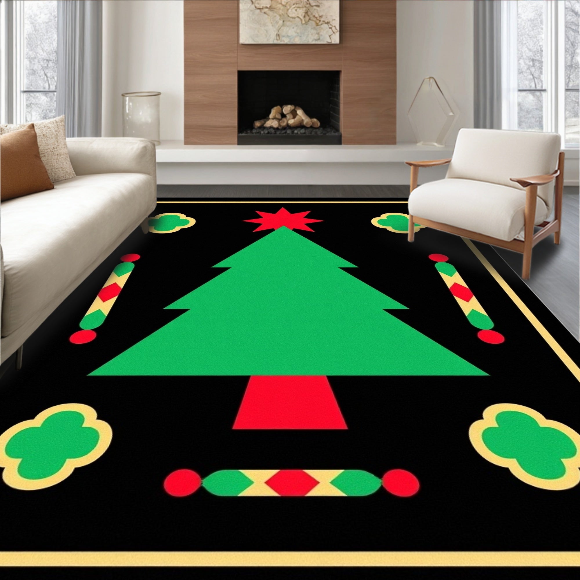 Festive Green Christmas Tree Black Border Rug