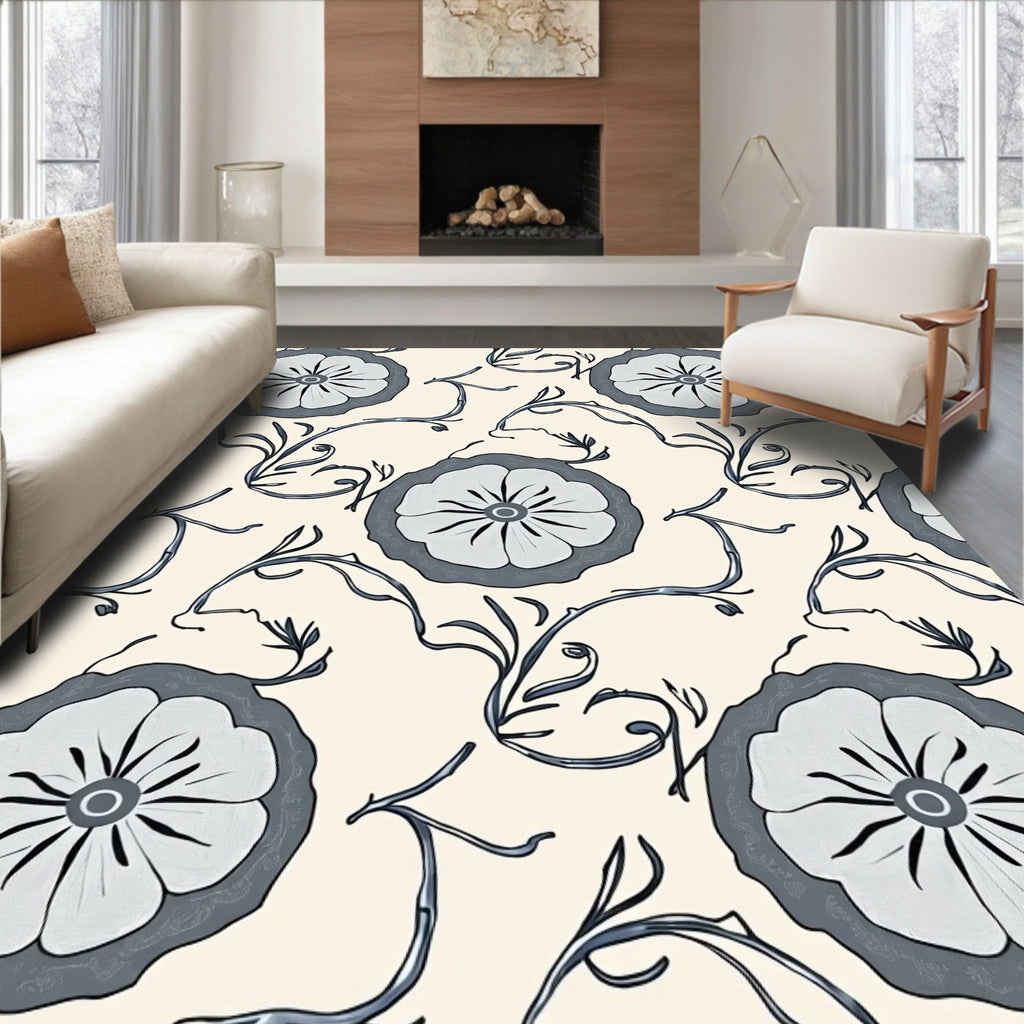 Cream and Grey Floral Vine Rug