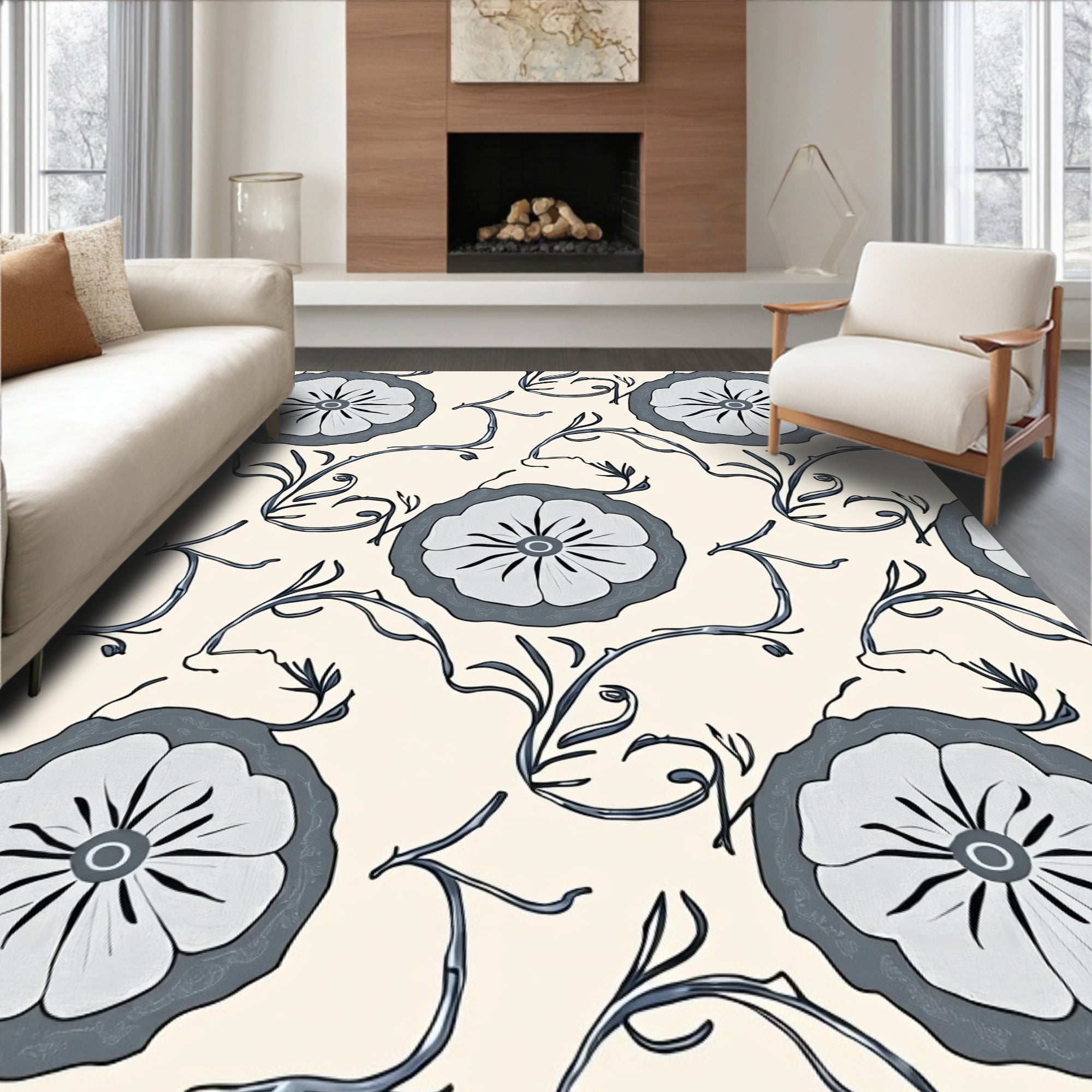 Cream and Grey Floral Vine Rug