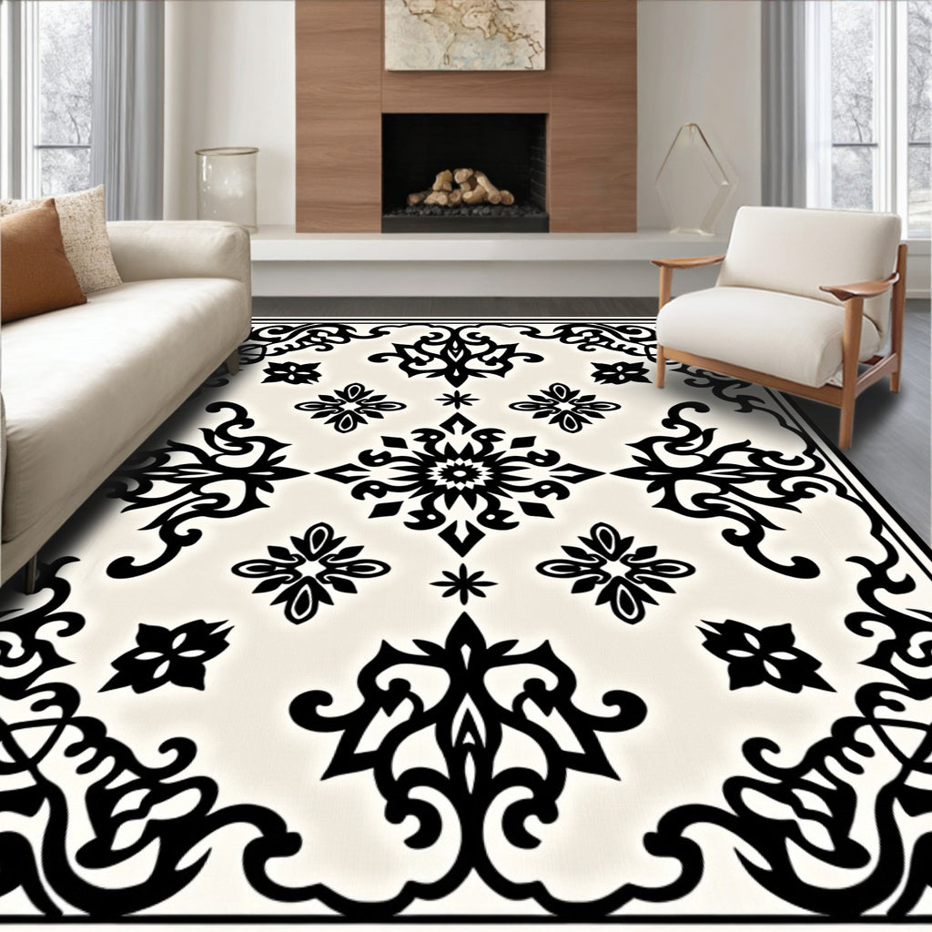 Ornate Black Cream Medallion Swirl Rug
