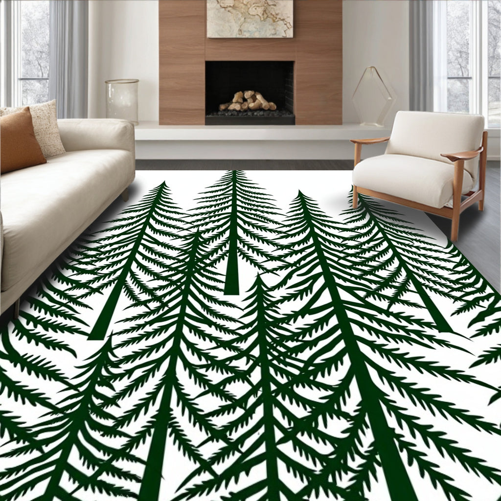 Dark Green Evergreen Forest Scene Rug