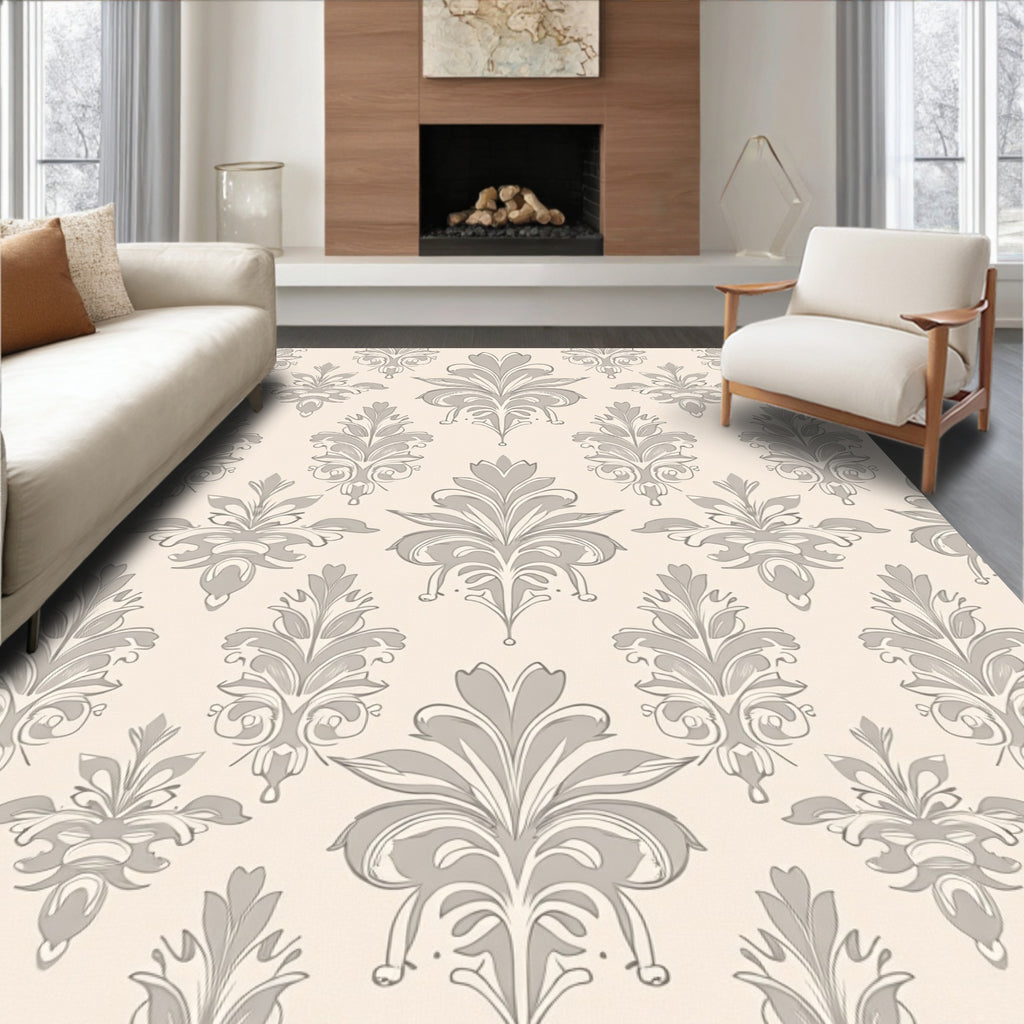 Cream and Grey Floral Acanthus Damask Rug