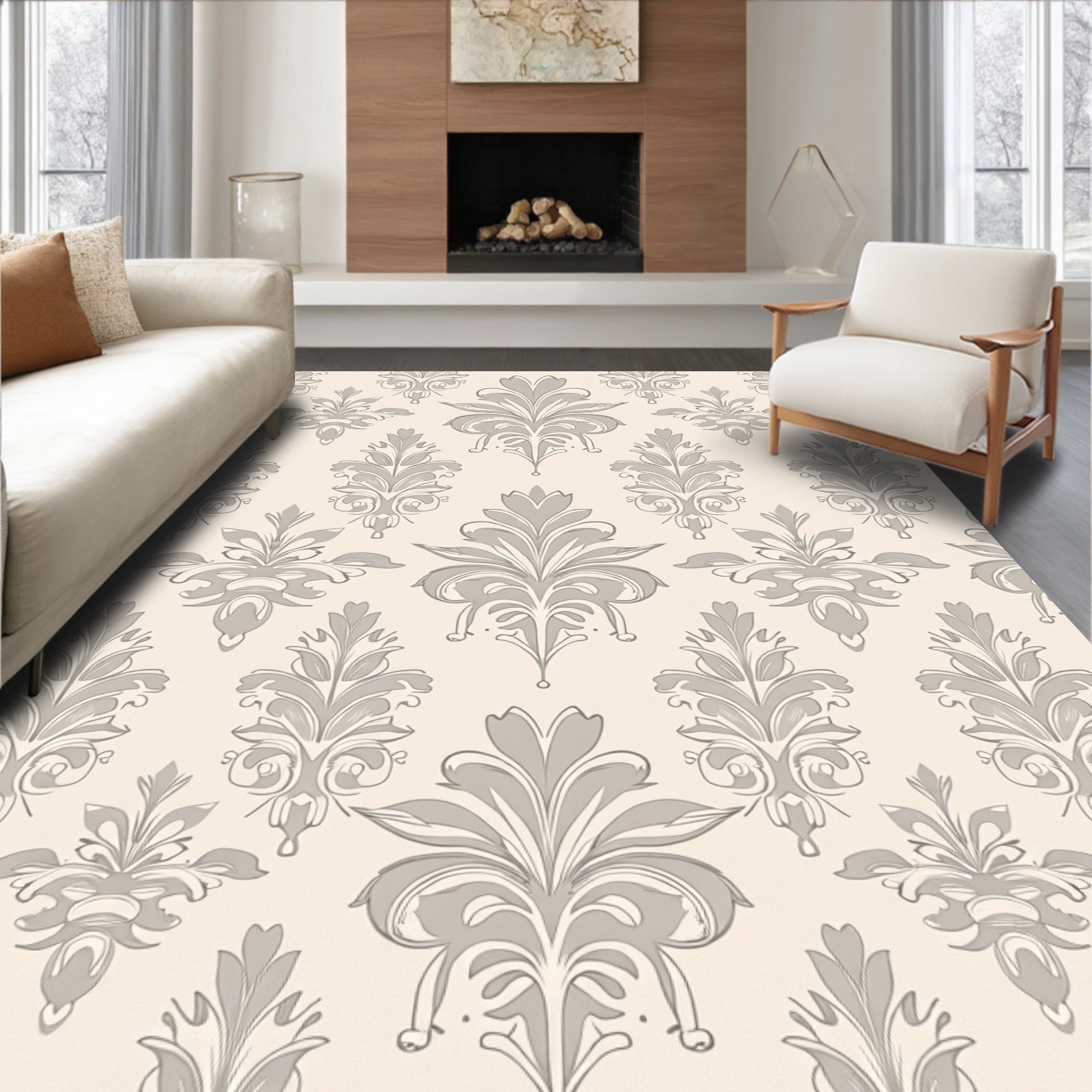 Cream and Grey Floral Acanthus Damask Rug