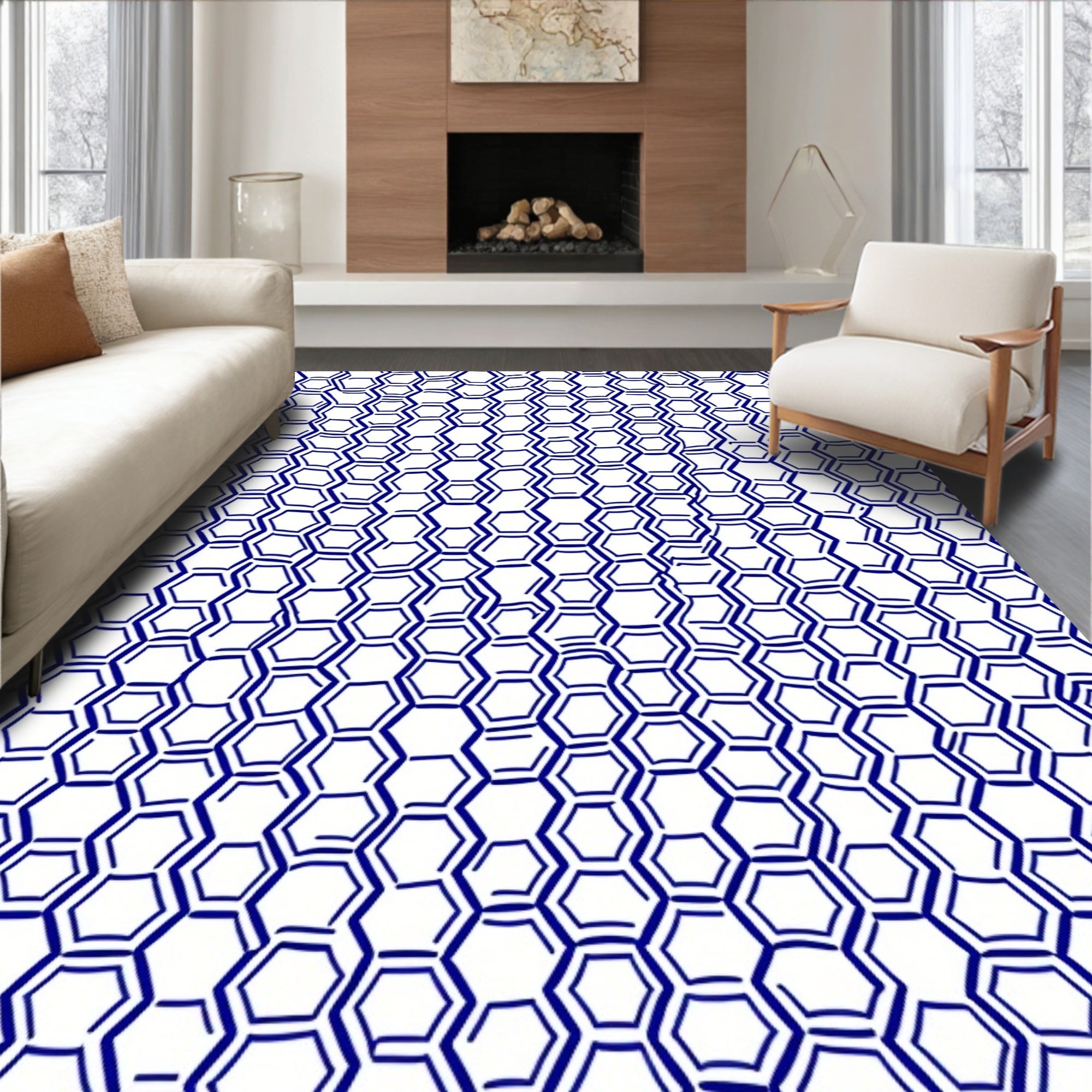 Deep Blue Hexagon Cluster Rug