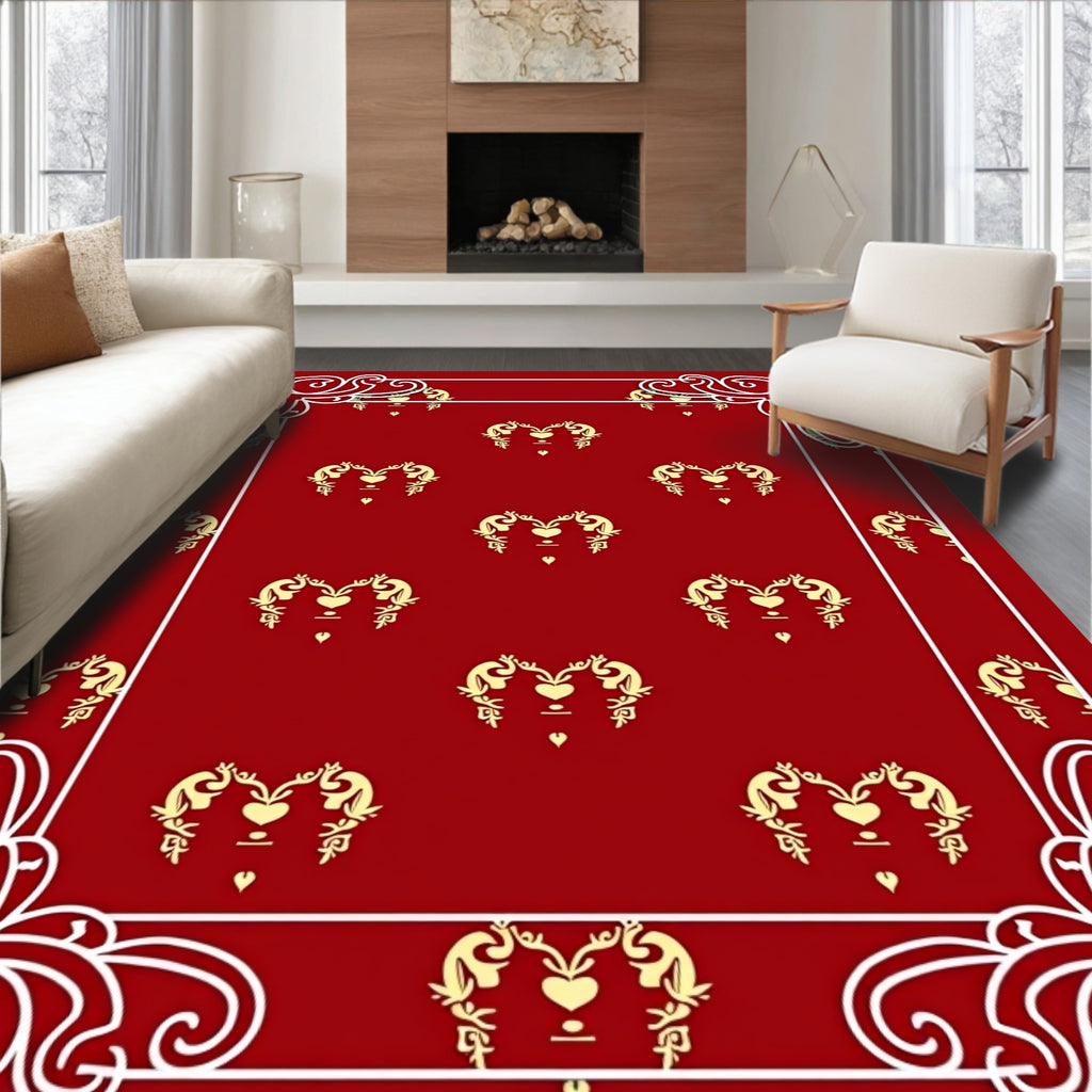 Crimson Golden Animal Heart Border Rug