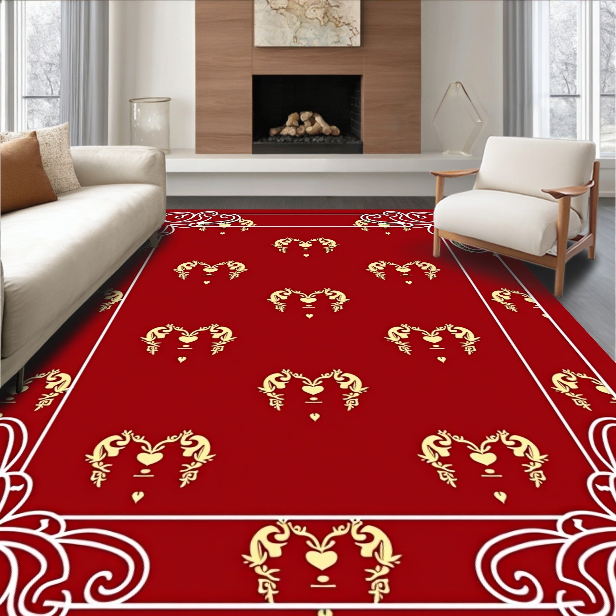 Crimson Golden Animal Heart Border Rug