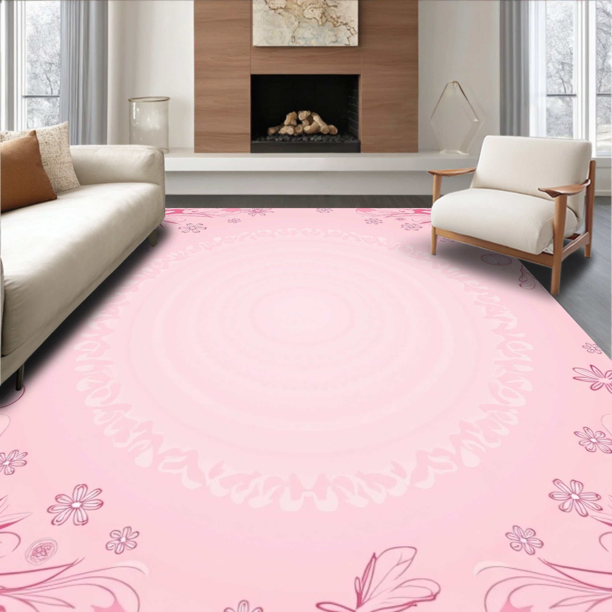 Whimsical Pink Floral Swirls Rug
