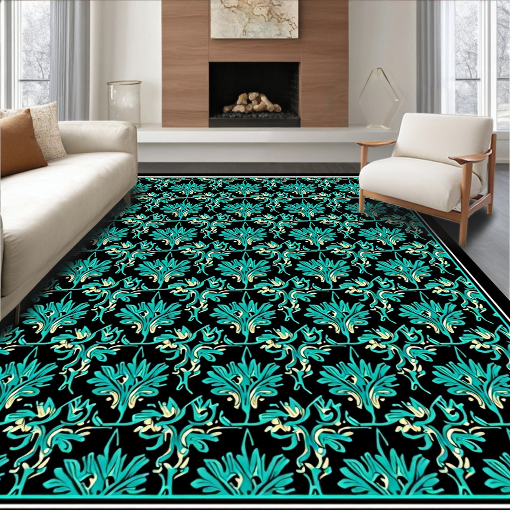 Teal Black Flourishing Vine Scrollwork Rug