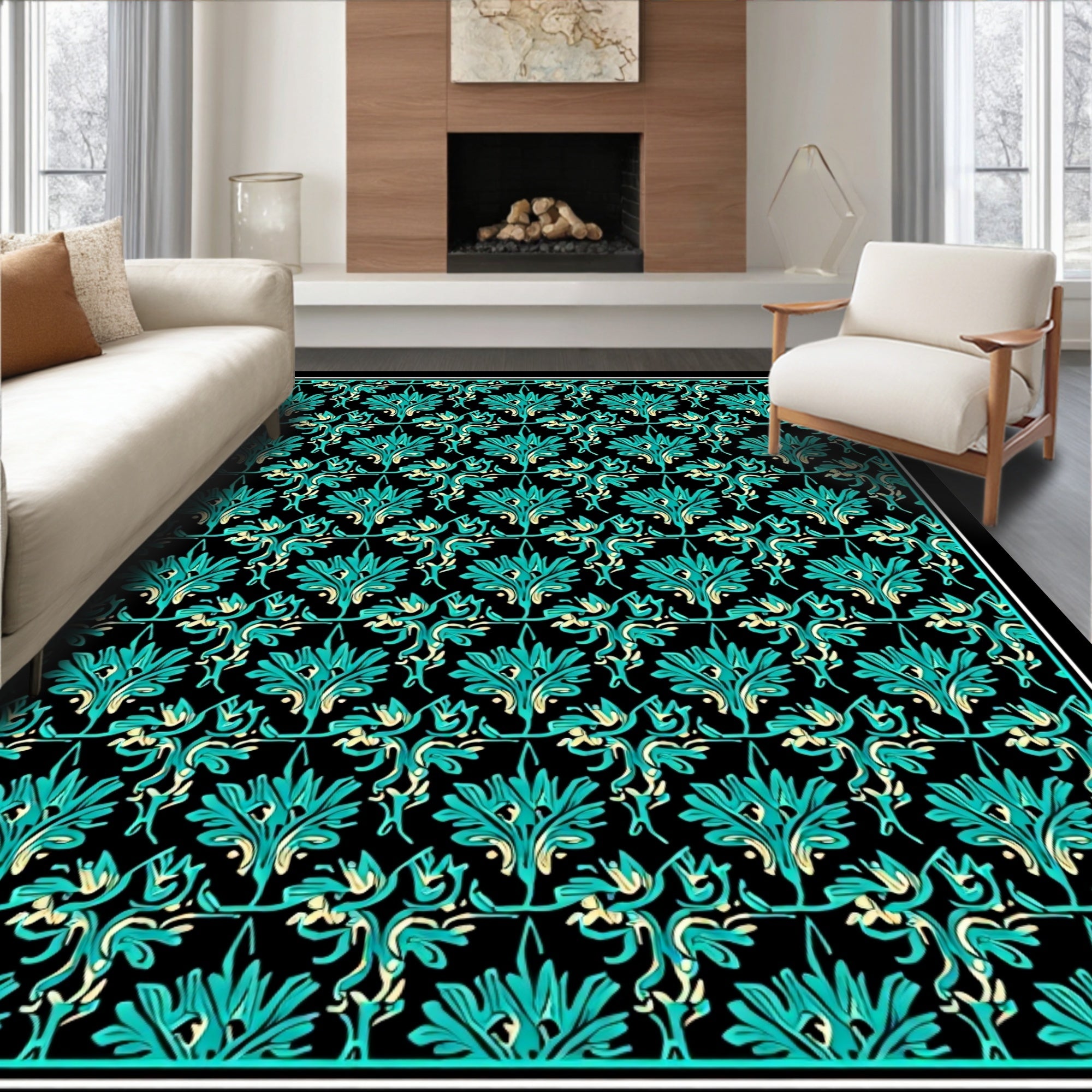 Teal Black Flourishing Vine Scrollwork Rug