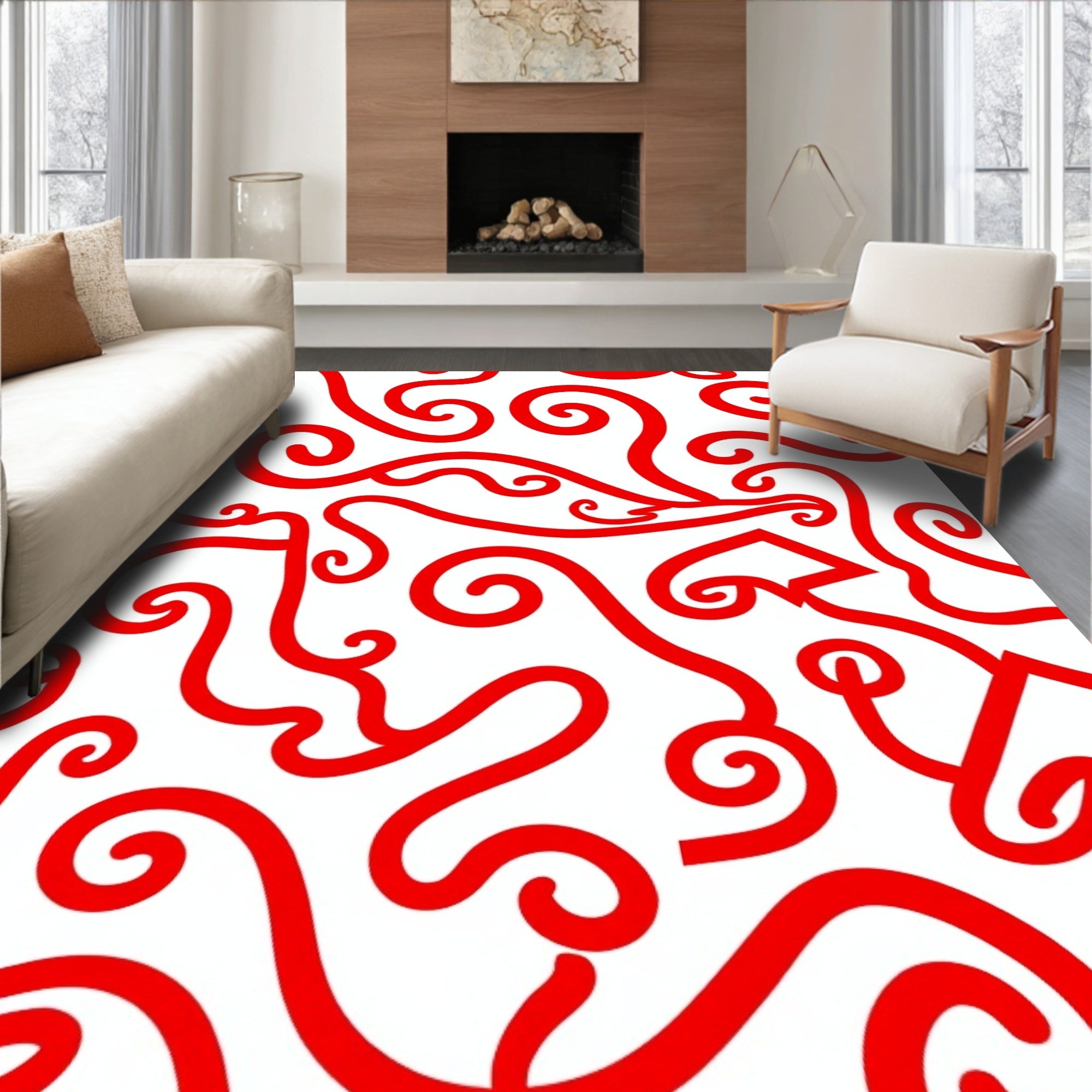 Crimson Swirls Curving Abstract Lines Rug