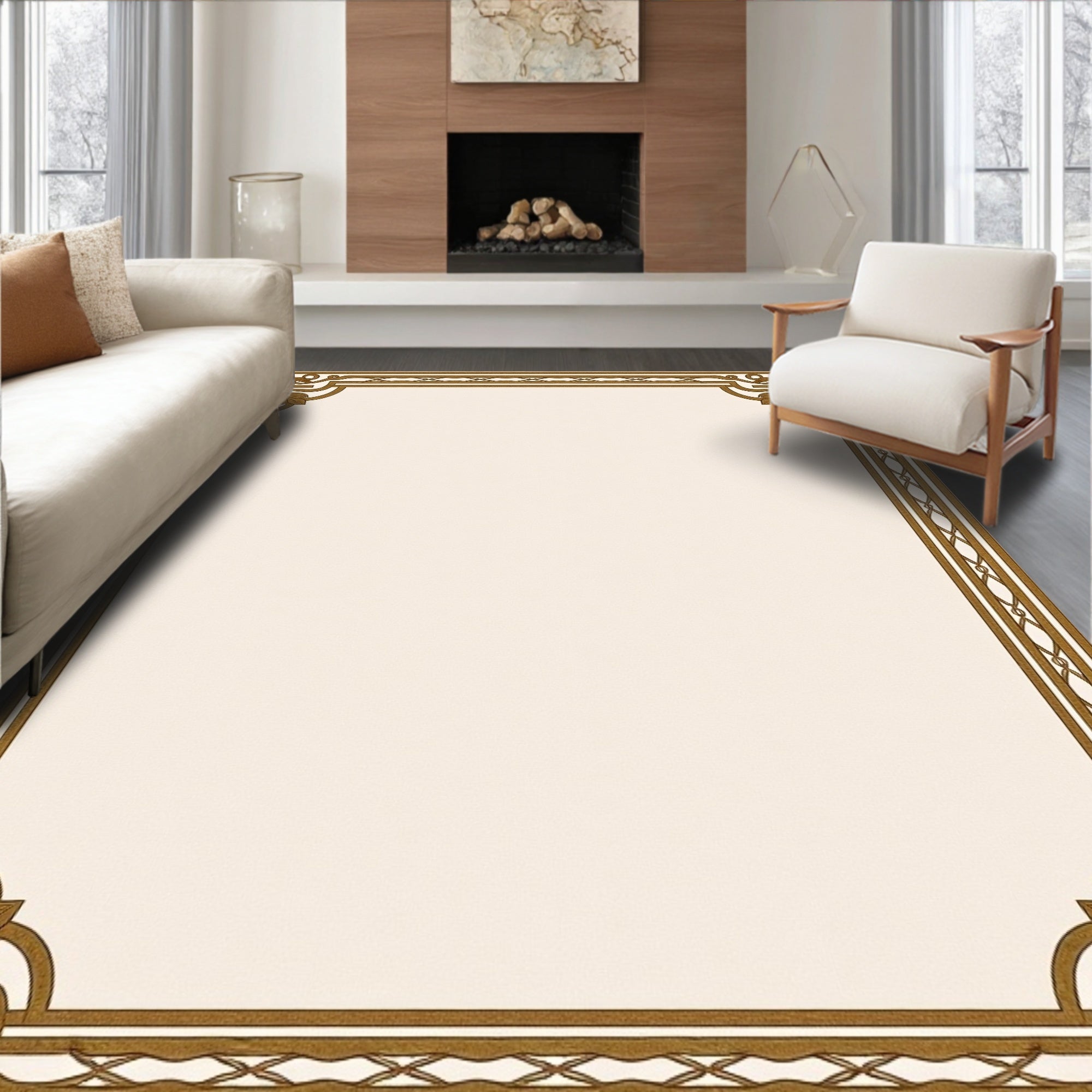 Elegant Gold Floral Corner Border Rug