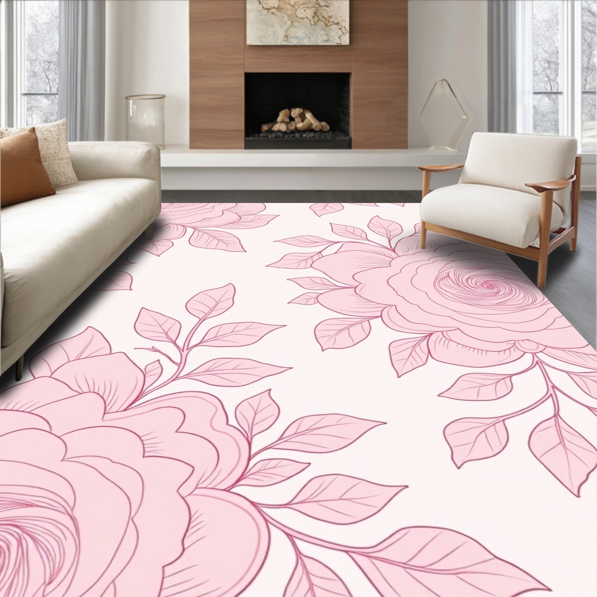 Pink Floral Line Art Branches Rug