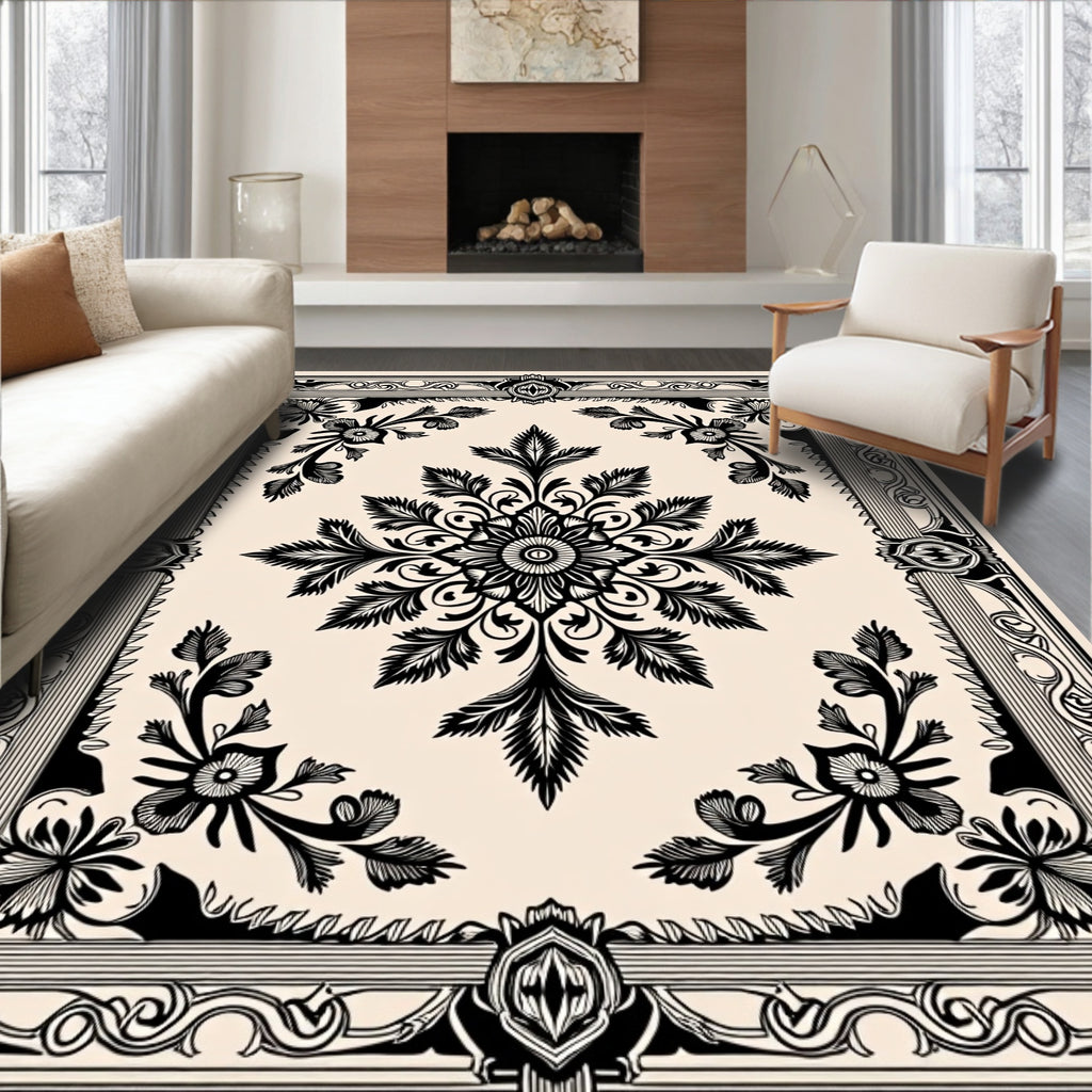 Ornate Black and Cream Floral Medallion Rug