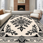 Ornate Black and Cream Floral Medallion Rug