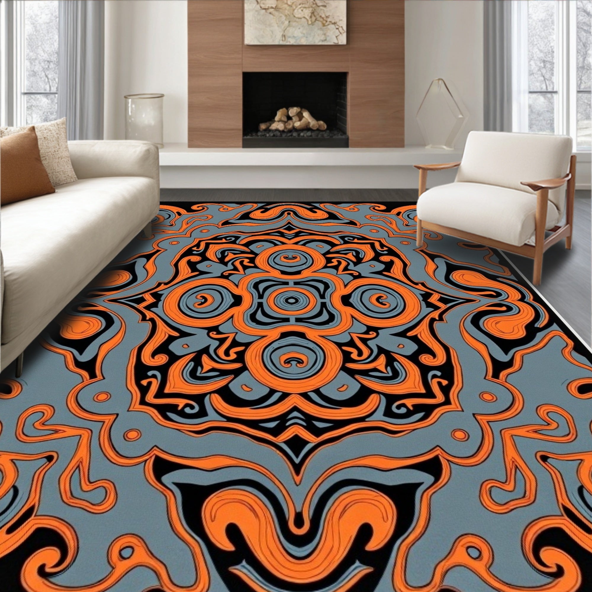 Bold Orange Swirl Mandala Rug