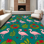 Pink Flamingos Green Wreaths Floral Teal Rug