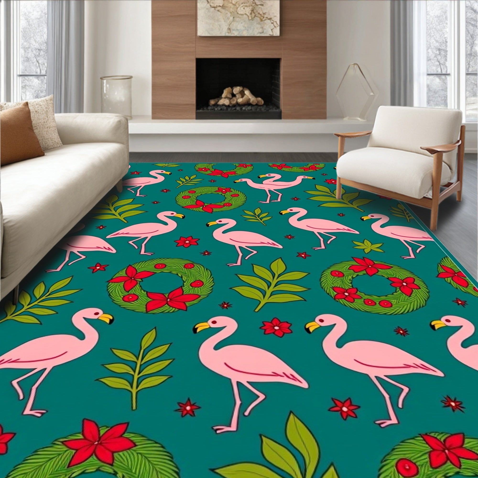 Pink Flamingos Green Wreaths Floral Teal Rug