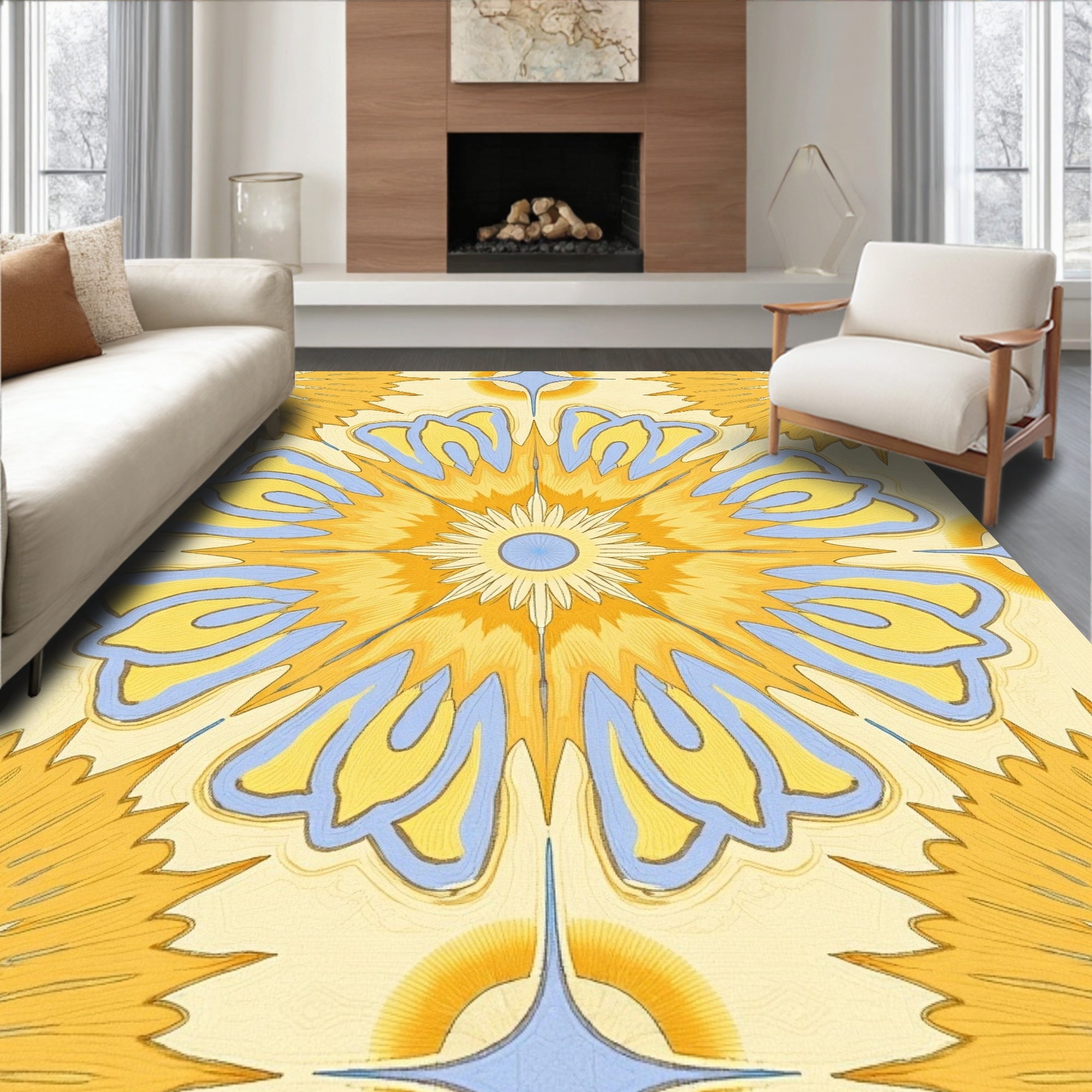 Sunny Yellow Blue Floral Burst Rug