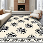 Black and Cream Floral Medallion Border Rug