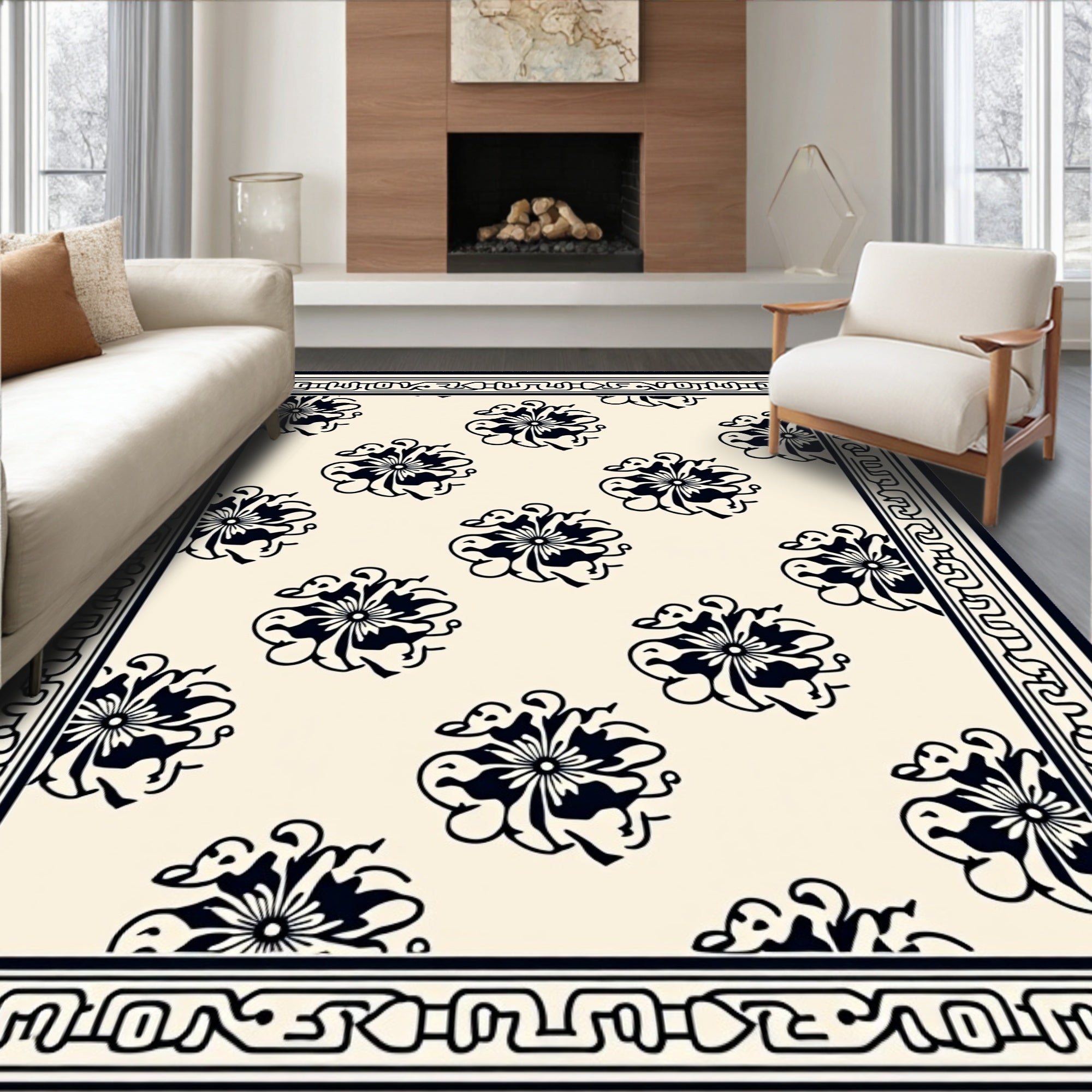 Black and Cream Floral Medallion Border Rug