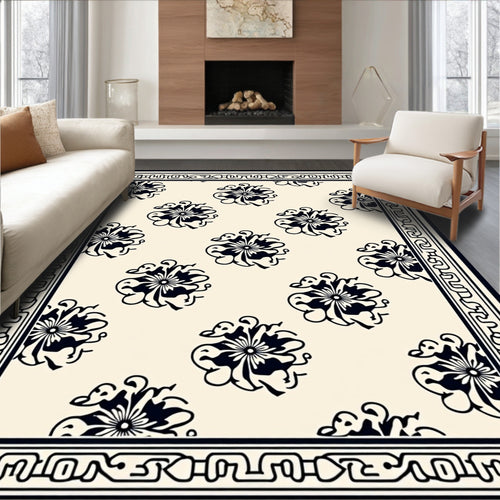 Black and Cream Floral Medallion Border Rug